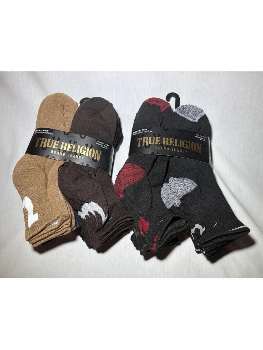 True Religion Men’s Crew Socks Lot 24 Pairs Half Cushion Mid Crew Size 10-13 NWT
